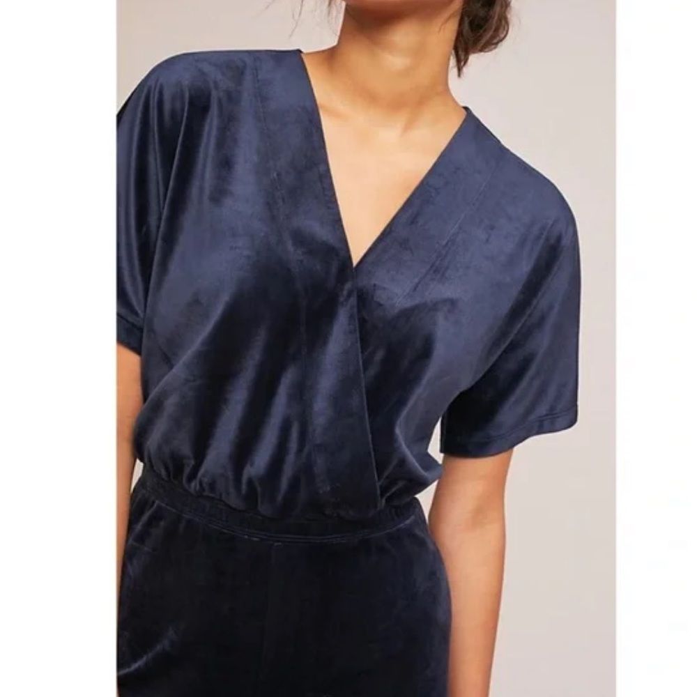 Anthropologie Saturday Sunday Navy Velour Short Sleeve Jumpsuit Size XS - Picture 2 of 9